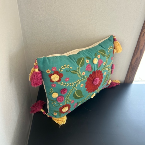 Pier 1 Boho Embroidered Teal and Pink Floral Pillow with Tassels - Picture 3 of 7